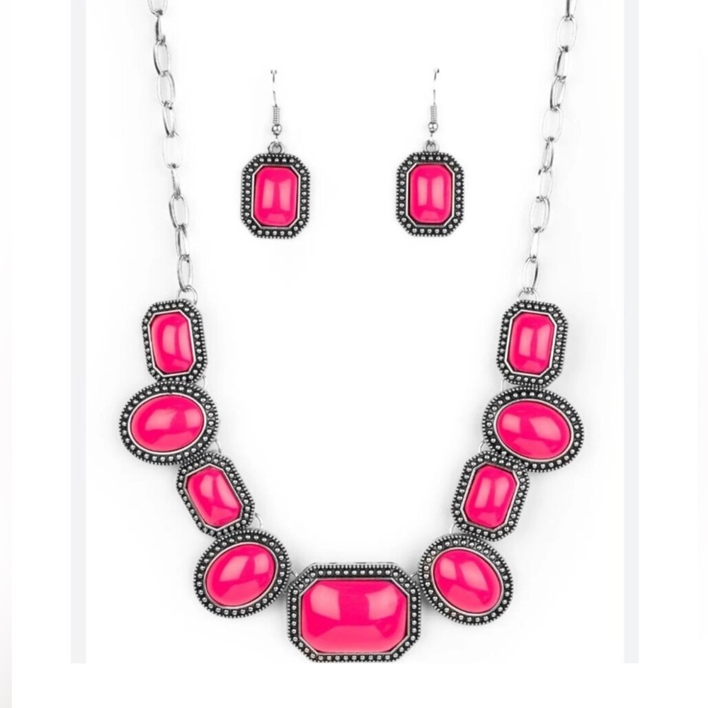 Elegant Pink Statement Necklace and Earring Set